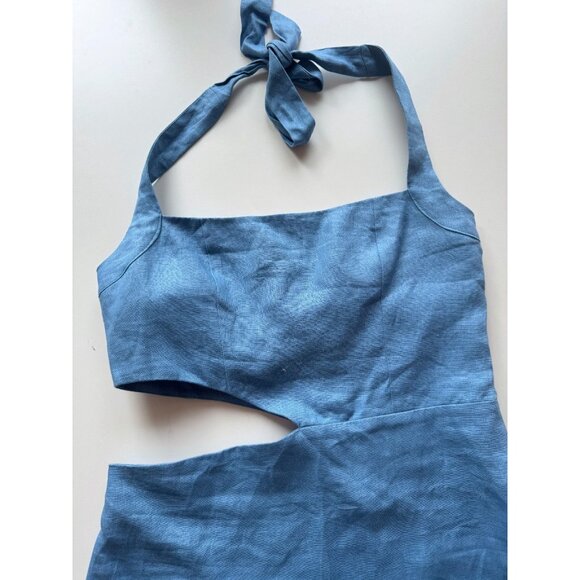 REFORMATION Valli Parisian Blue Linen Cut Out Mini Halter Dress, Size 8 - Picture 7 of 13